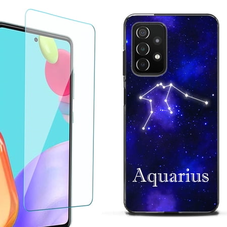 Slim-Fit Flexible TPU Gel Phone Case (black) for Samsung Galaxy A52 5G with Tempered Glass Screen Protector by OneToughShield ® - Zodiac / Aquarius