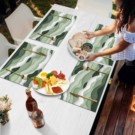 

Placemats Set of 4 Gradient White Green Ocean Wave Modern Artistic Simple Burlap Placemat Heat Proof Non Slip Place Mats for Kitchen Dining Table 19X13 Inch
