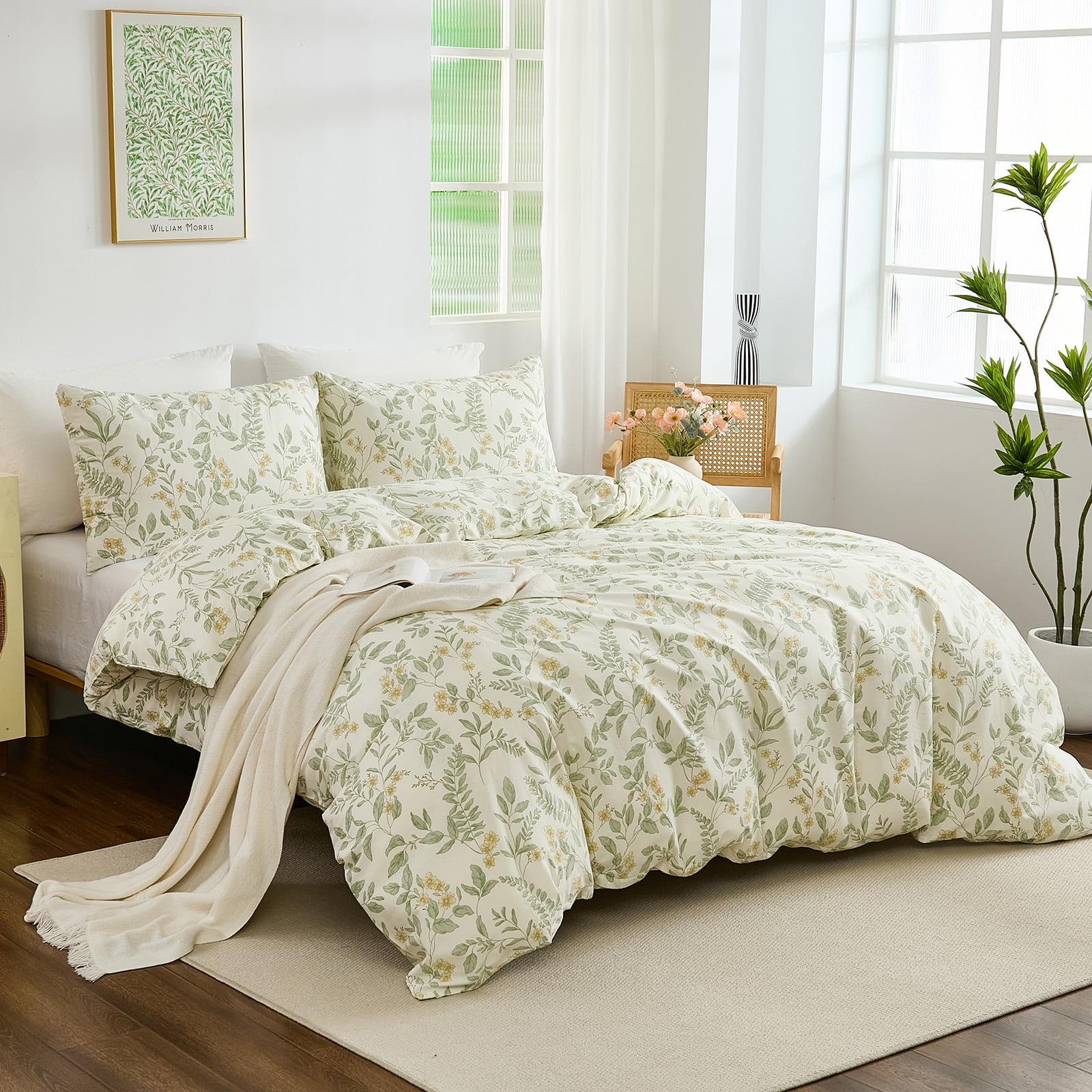 100% Nature Cotton Duvet Cover Vintage Reversible Green and Yellow Floral Garden Style Comforter Cover with Zipper Closure, 3 Pieces Soft & Breathable Green Bedding Set