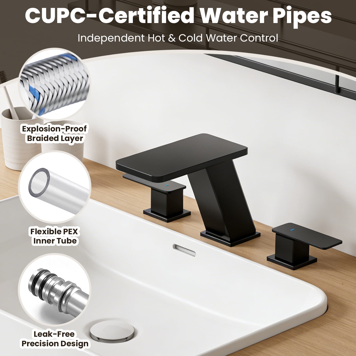 Inster 8 in. Widespread Waterfall Bathroom Faucet, Matte Black, 2-Handle 3-Hole with Pop-up Drain