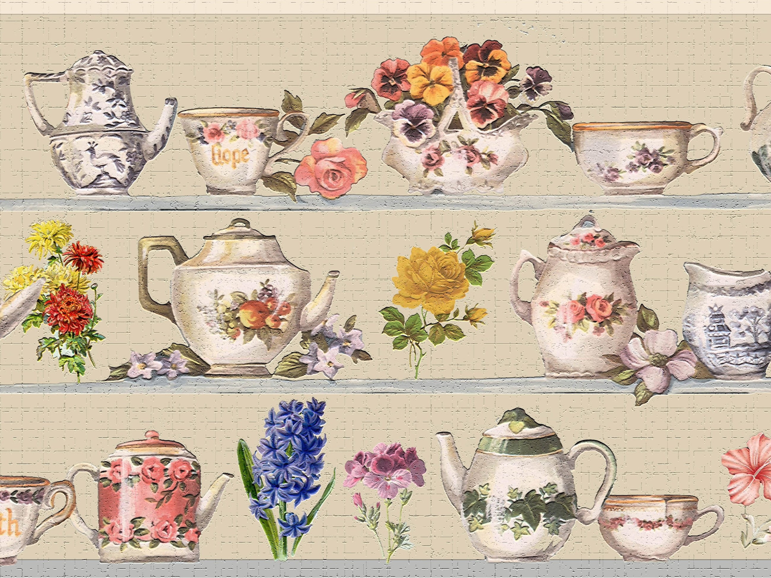 Dundee Deco's Peel and Stick Wallpaper Border - Floral Beige Purple Pink Flowers and Teapots Wall Border Retro Design, 15 ft x 7 in, Self Adhesive