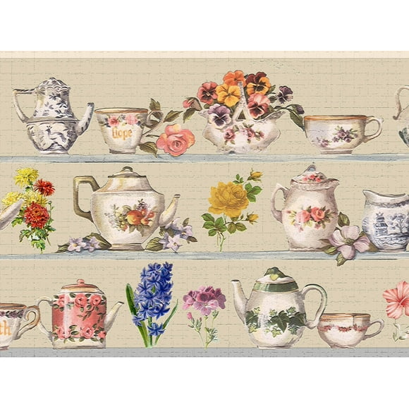 Dundee Deco's Peel and Stick Wallpaper Border - Floral Beige Purple Pink Flowers and Teapots Wall Border Retro Design, 15 ft x 7 in (4.57m x 17.78cm), Self Adhesive