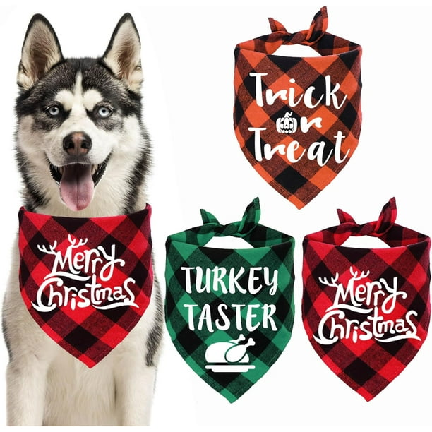 STMK Paquete de 3 pañuelos para perros navideños, Halloween, Día de Acción de Gracias, Navidad, pañuelos para perros, truco o trato, pavo, catador, feliz Navidad, pañuelo para perros grandes, disfrace