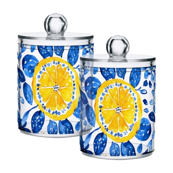 Blue Leaves Watercolor Lemon Translucent Plastic Cans Storage Canisters with Lid Set of 2