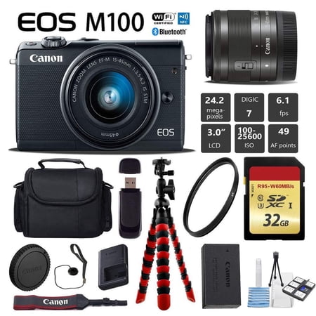 Canon EOS M100 Mirrorless Digital Camera with 15:45mm Lens (Black) | Flexible Tripod | UV Protection Filter | Professional Case | Card Reader