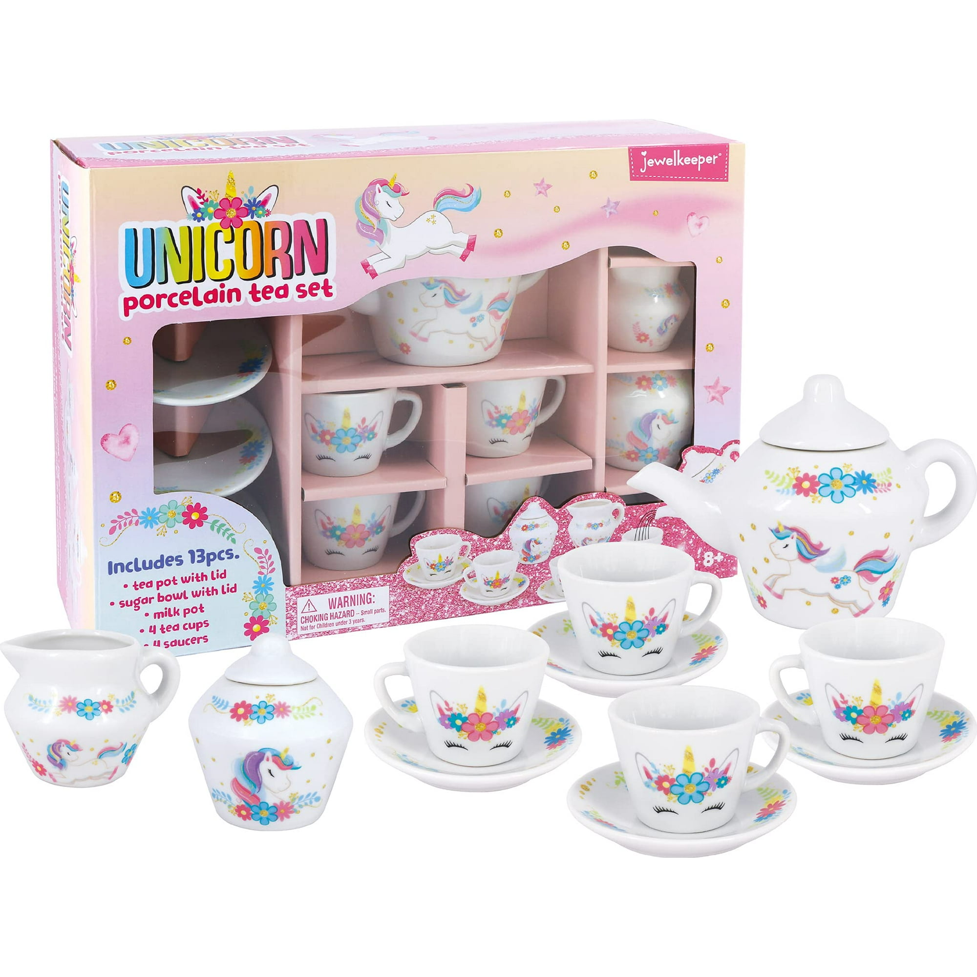 Porcelain Tea Set for Little Girls Pink Ceramic Tea Cups in a Pink Box Unicorn Design 13 Pieces Ideal Gift for Toddlers and Children s Ages 3 Years Old