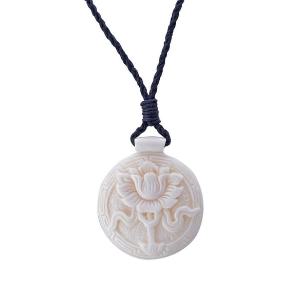 81stgeneration Women's Men's Hand Carved Bone Tibetan Lotus Flower Buddha Amulet Pendant Necklace