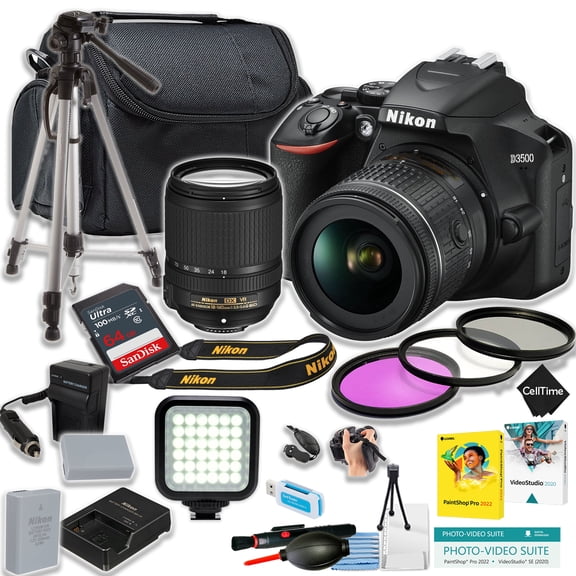 Nikon D3500 DSLR Camera w/AF-s 18-140mm lens   64GB SanDisk Ultra Memory Card   50 Inch Tripod   Spare High Copacity Battery and Charger  More (18pc Bundle) (International Version)