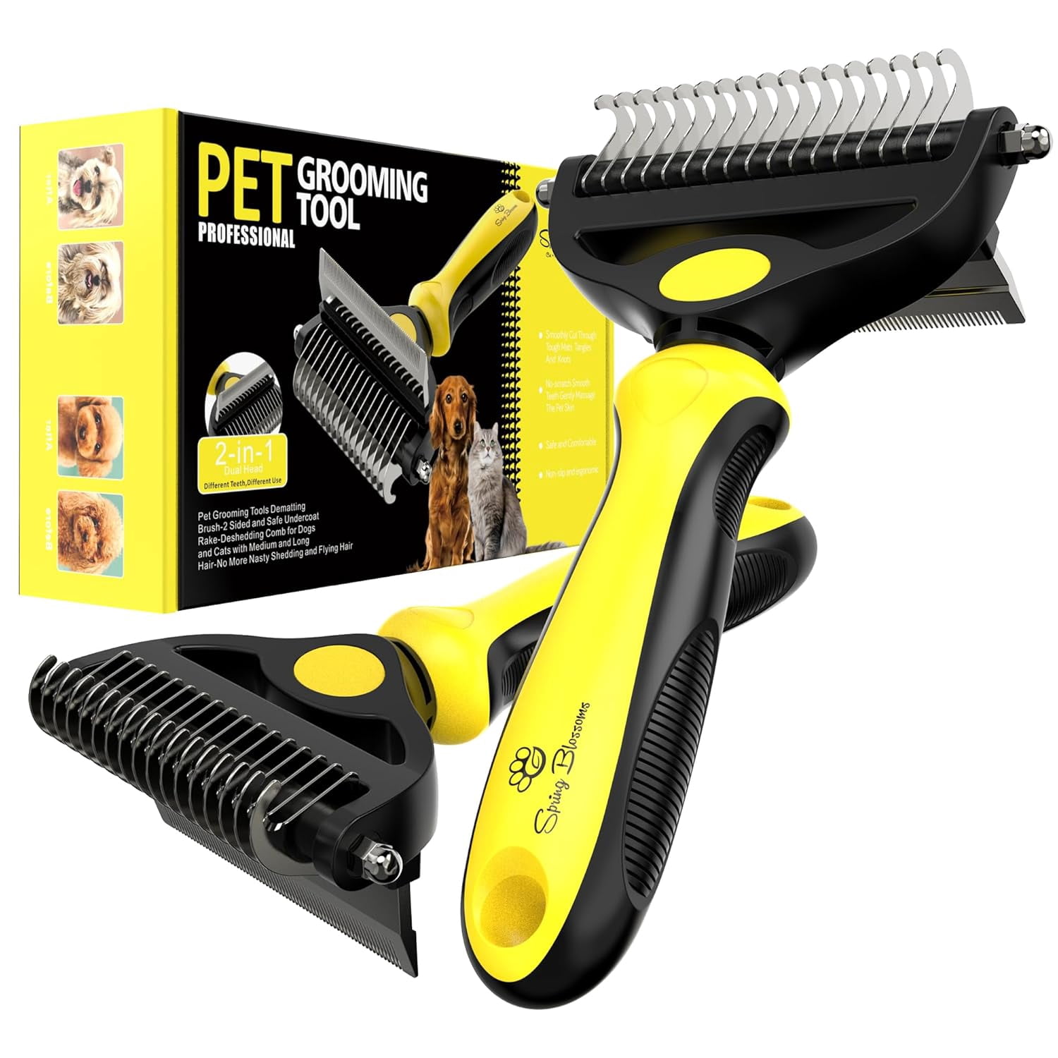 Spring Blossoms-2 in 1 Professional Grooming Rake for Cats & Dogs-Dematting Comb for Easy Mats & Tangles Removing,Hair Removal Cleaner for Pets