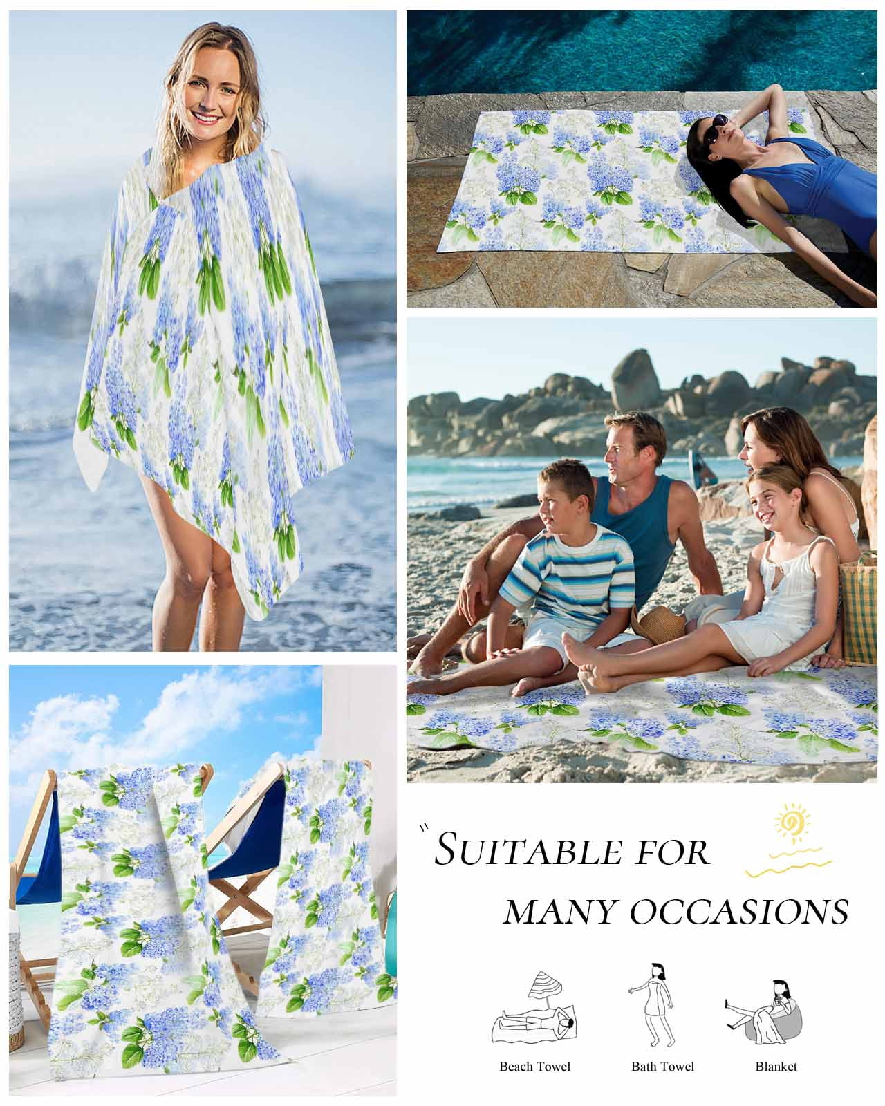 Summer Hydrangeas Beach Towels Oversized Super Absorbent, White Blue Flowers Pastoral Leaves Lightweight Bath Towel Quick Dry Sets For Bathroom/Pool/Rv Camping/Beach Play/Gym Room/Picnic 30"x60"