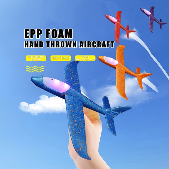 Hand Throwing Glider Airplane Model Foam Flying Simulator Toy with Light for Outdoor Fun Party Favors Festival Activities, Orange 19 Inch