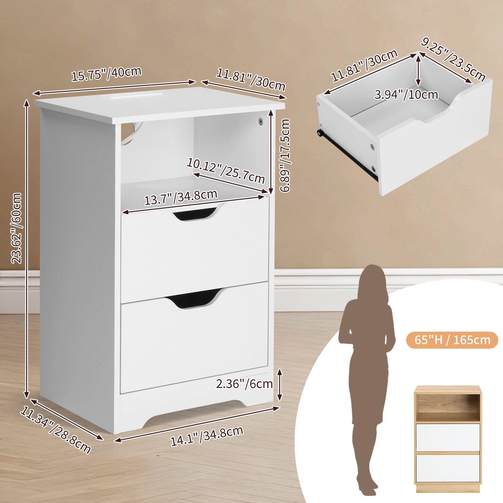 Ktaxon Set of 1 NightStand with Charging Station BedsideTable with 2 Storage Drawers,End Side for Bedroom,Country Style White