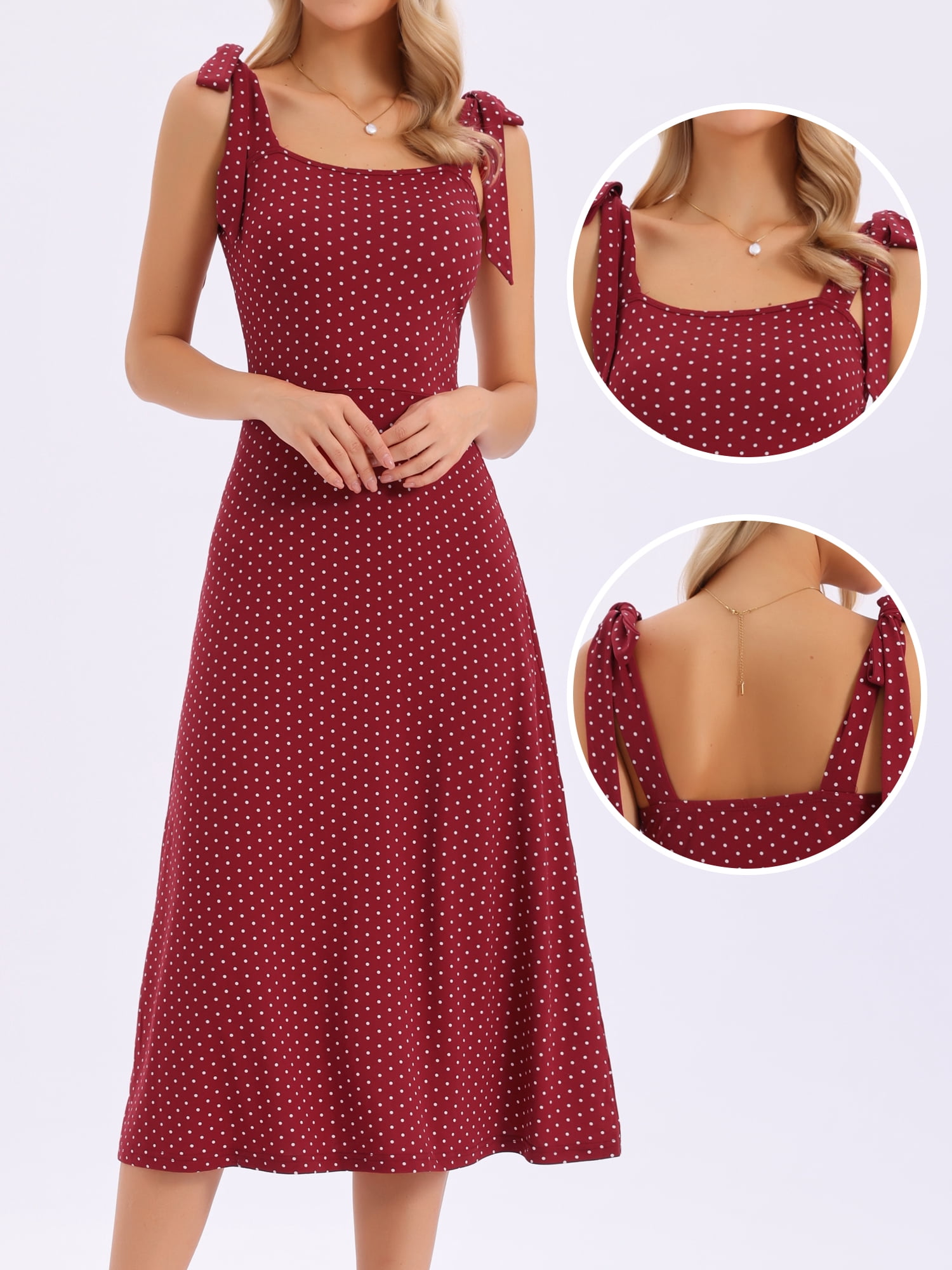 DARING DIVA Women's Polka Dots Dress Tie Shoulder Sleeveless A-Line Dresses XS Dark Red