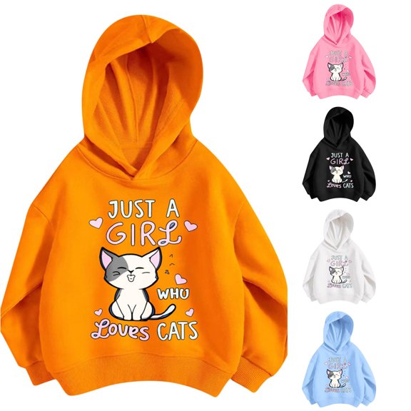 SGMVNU Girls Hooded Sweatshirt Ribbed Hem Long Sleeve Soft Cat Graphic Hoodie Back to School, Size 3-4 Years, Orange