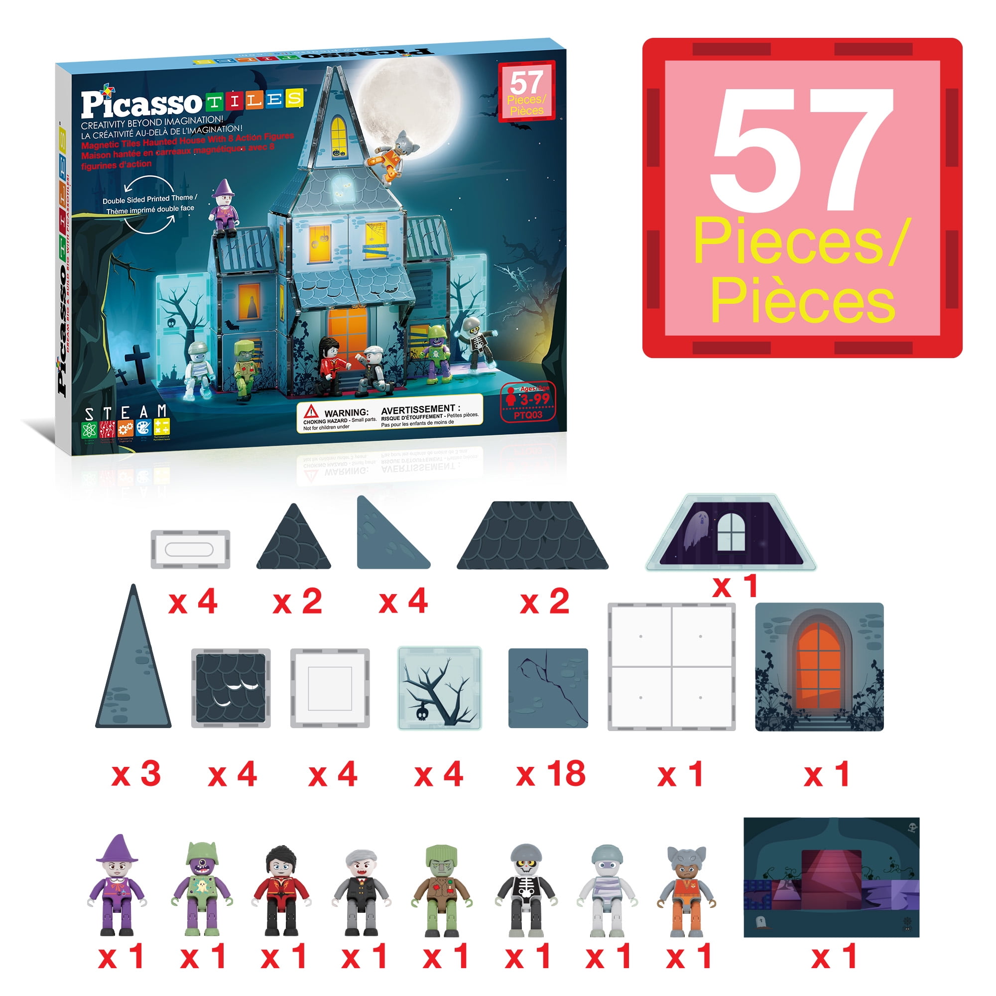 PicassoTiles 57 PC Haunted House Themed Magnetic Building Blocks