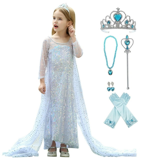 HAWEE Costume de Princesse pour Filles à Manches Longues Neige Elsa 2 Robe de Fête à Paillettes avec Cape