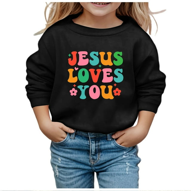 FAOWME Sweat à Manches Longues Doux pour Filles Graphique Enfants Mignon Col Rond Pulls Tops pour Filles Noir 6-7 Ans