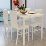 5 Piece Dining Room Table Set, Modern Dining Table Sets with Beige PU Leather Chairs for 4, Faux Marble Pattern Rectangle Kitchen Table Set for Bar Living Room Breakfast Nook Small Space