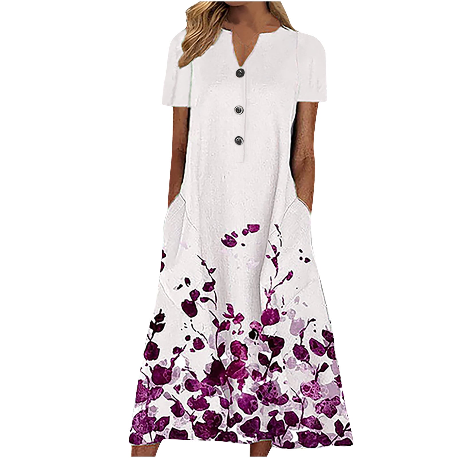 Women Floral Button Pockets Swing Maxi Dress Casual Long Sleeve Baggy ...