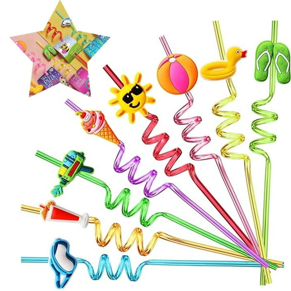 24 Beach Drinking Straws Beach Ball Pool Summer Birthday Party Supplies Favors Decorations End of Prizes with 2 PCS Cleaning Brushes