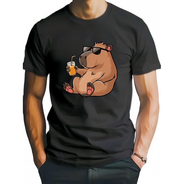 Men's Olive Green Capybara Graphic Tee - Casual & Comfortable, Wrinkle-Resistant, Machine Washable - Relaxed Fit with Round Neck - Perfect for Summer