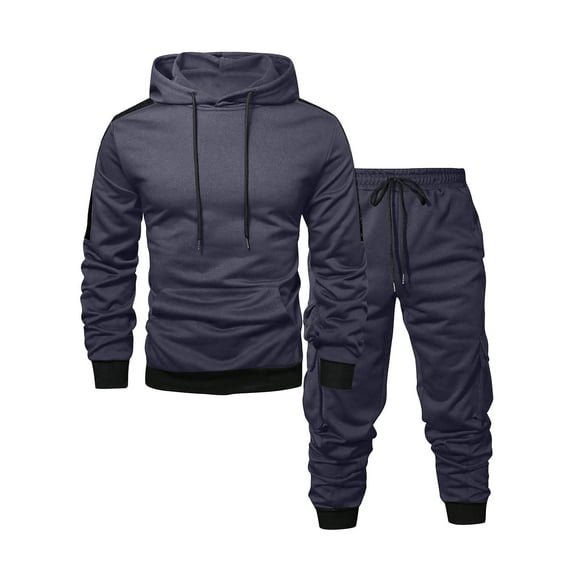 Men Casual Pullover Hooded Sports Solid Long Sleeve Trousers Two-Piece Tracksuit