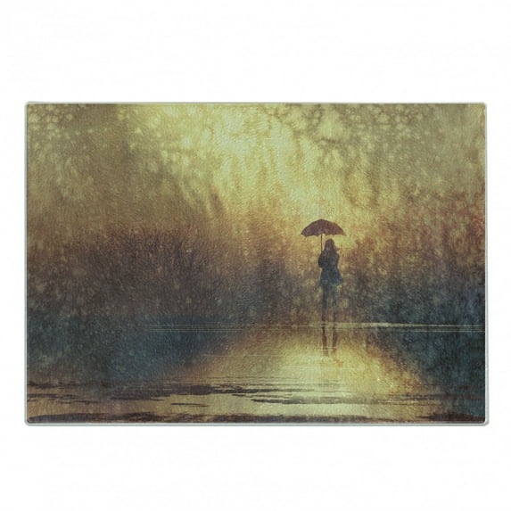 Modern Cutting Board, Silhouette of Lonely Woman Under Rain with Umbrella Dramatic Paint Picture, Decorative Tempered Glass Cutting and Serving Board, Small Size, Pale Caramel Yellow, by Ambesonne