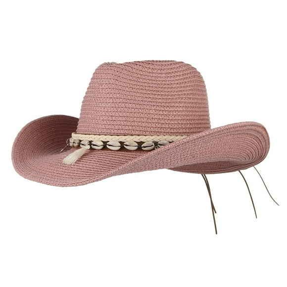 Summer Straw Cowboy Cowgirl Hat Sun Hats Wide Brim Beach Holiday Straw Hat with Shell Band(Pink)