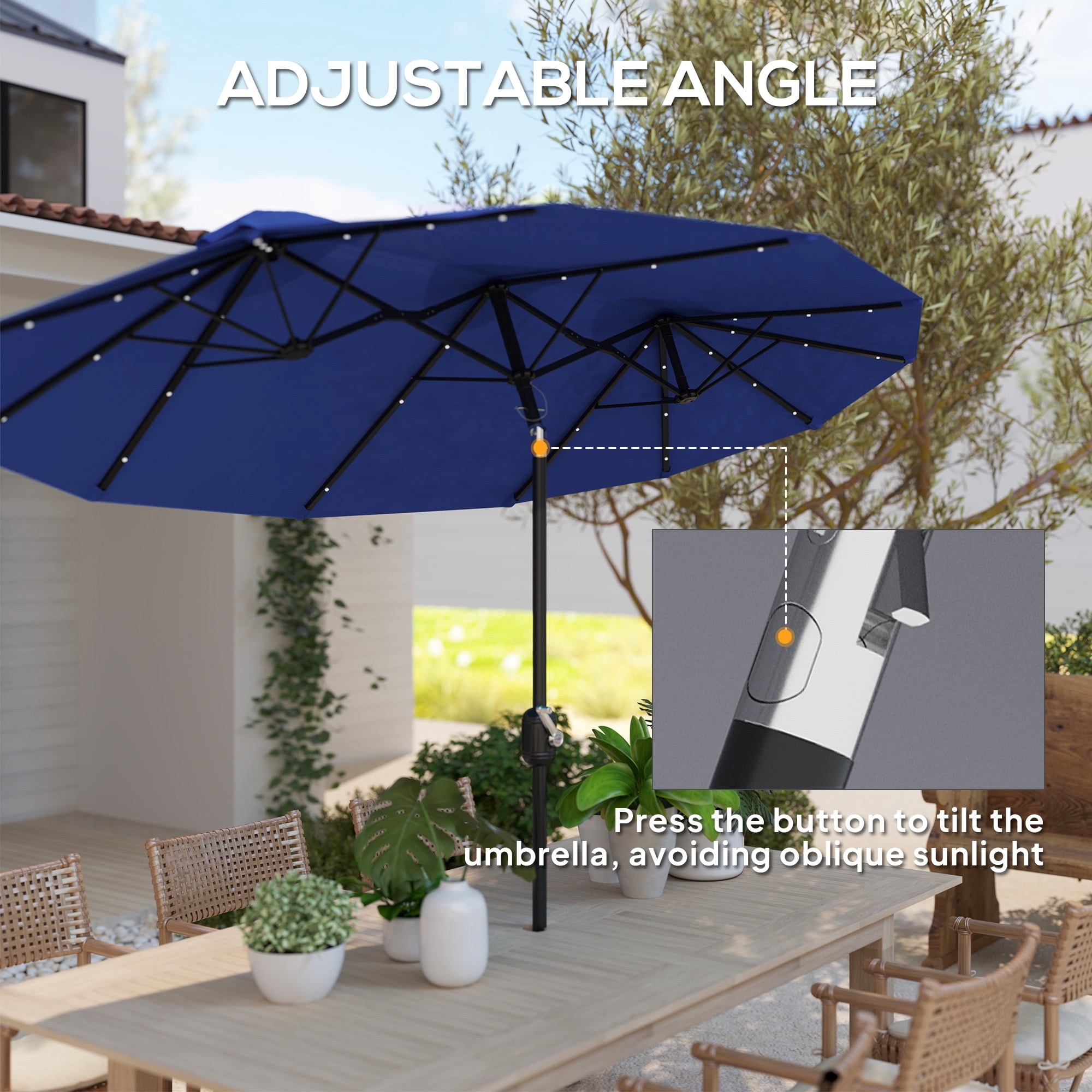 Outsunny 9.7' Double-sided Patio Umbrella with LED Solar Light, Tilt and Crank, Outdoor Umbrella, Navy Blue