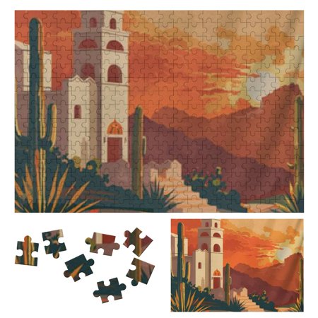 Creowell Sunset Church Cactus Wooden Jigsaw Puzzle for Adults - Gift for Family Friends - Premium Eco-Friendly Leisure Game Toy 300 PCS