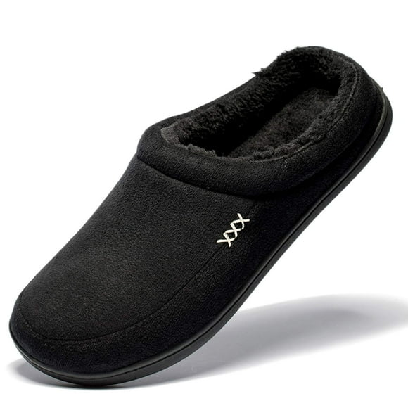NewDenBer Men's Warm Memory Foam Suede Plush Fleece Lined Slip on Indoor Outdoor Clog House Slippers (9-10 D(M) US, Black)