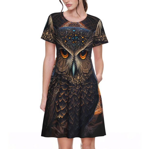 Easygdp Classical Style Brown Owl para Vestido Transpirable de Mujer, Vestido Suelto de Manga Corta con Pliegues y Bolsillos para el Verano