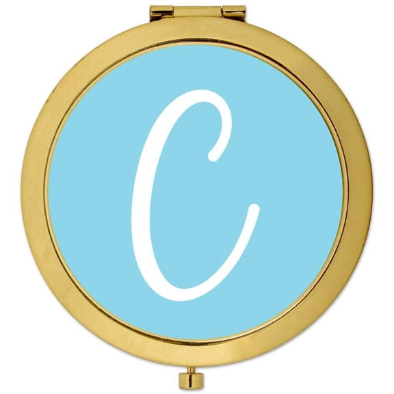 Koyal Wholesale Gold Compact Mirror Bridesmaid's Wedding Gift, Baby Blue, Monogram Letter C, 1-Pack