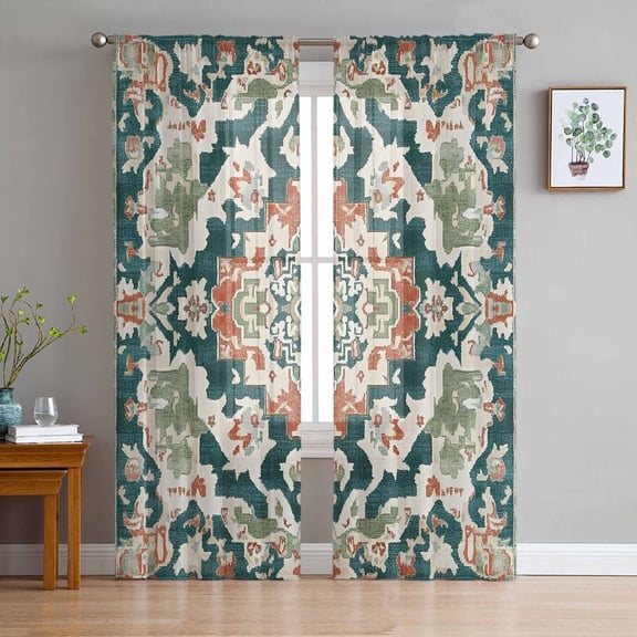 ERUNPONLY Teal Green Boho Boho Sheer Curtains 84 Inch Length 2 Panels Set, Abstract Medieval Vintage Floral Voile Window Treatment Curtains Sheers Drapes for Bedroom/Living Room/Kitchen 52"x84"x2