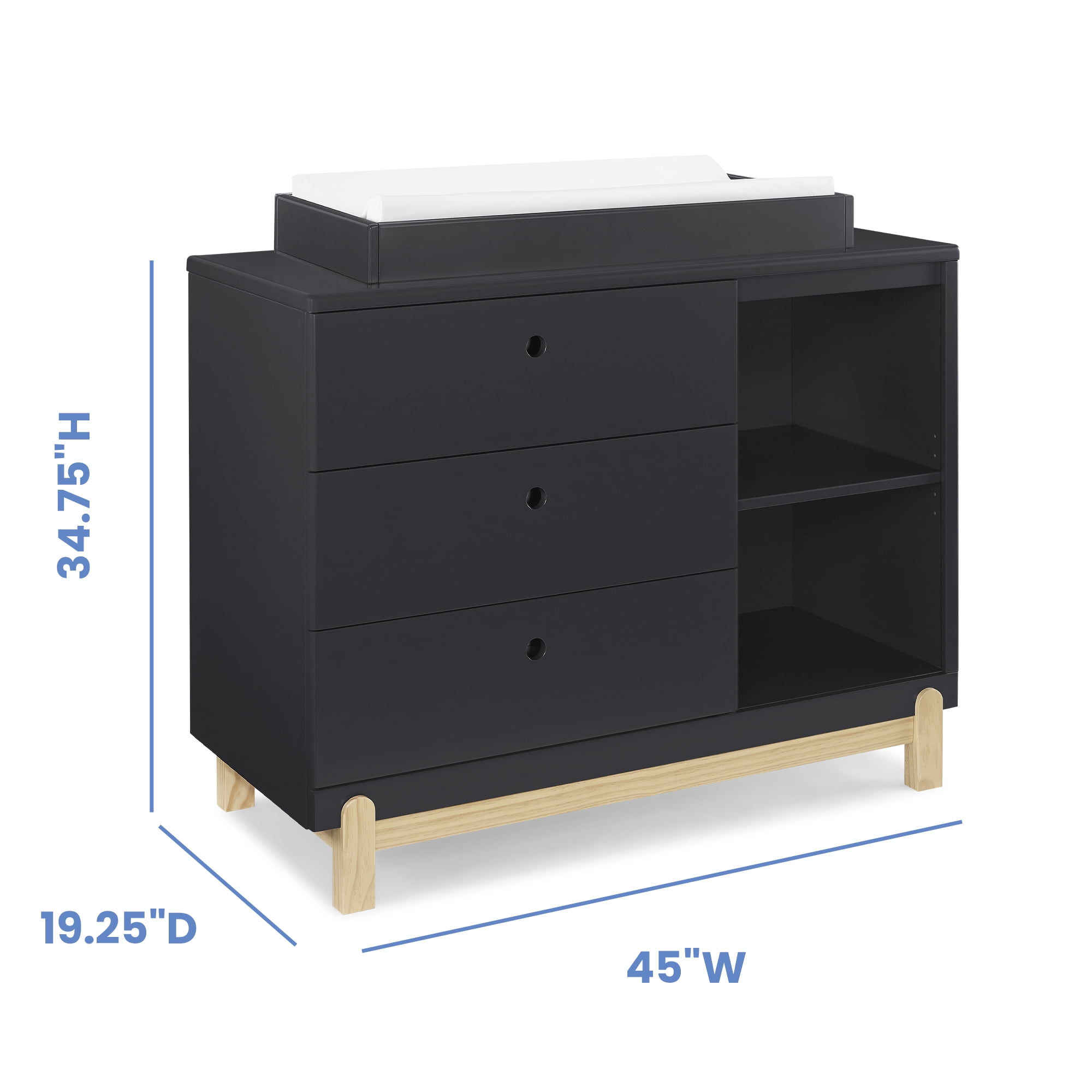 Delta Children Poppy 3 Drawer Dresser with Cubbies and Interlocking Drawers, Midnight Grey/Natural
