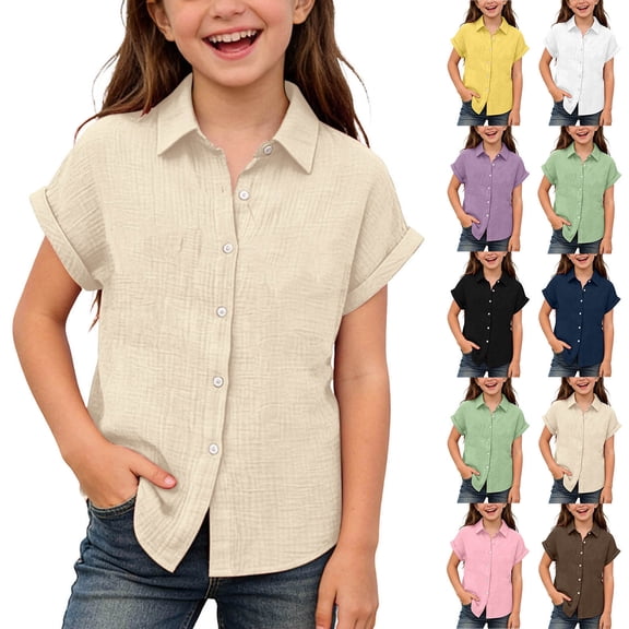 Miluxas Boys Button Down Shirt Short Sleeve Shirt Solid Summer Beach Shirts Yellow 12 Years(160)