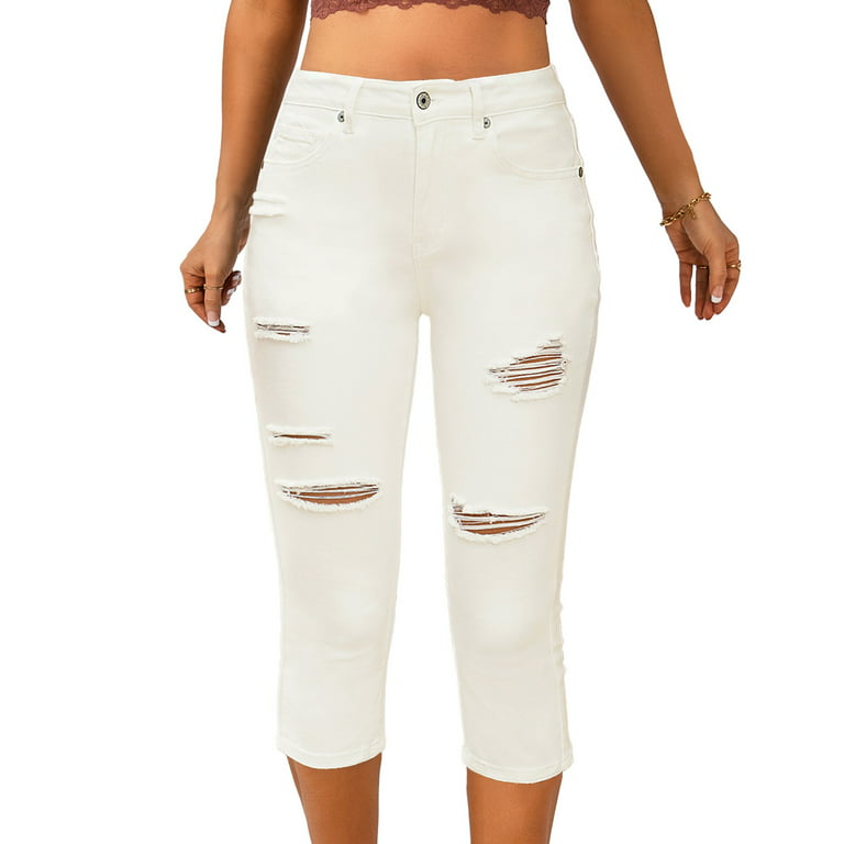 Vetinee Women's Casual Ripped Skinny Slim Fit Stretch Denim Capri Jeans  Clean White Size L