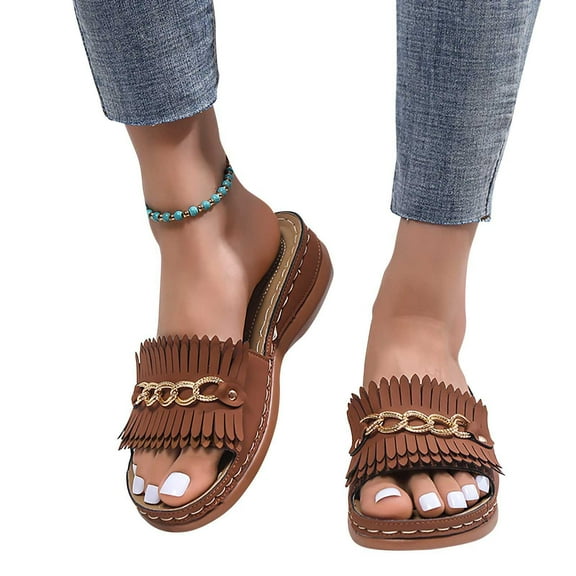 Metal Buckle Thick Bottom Fringed Beach Slippers Women's Orthopedic Wedge Sandals