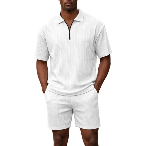 hotojiny Men's Summer Beach Outfits 2 Piece Sweatsuits Big and Tall Golf Shirts 1/4 Zip Top and Shorts Vacation Texture Sets(White,X-Large)