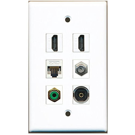RiteAV - 2 HDMI 1 Port RCA Green 1 Port Coax Cable TV- F-Type 1 Port Toslink 1 Port Cat5e Ethernet White Wall Plate