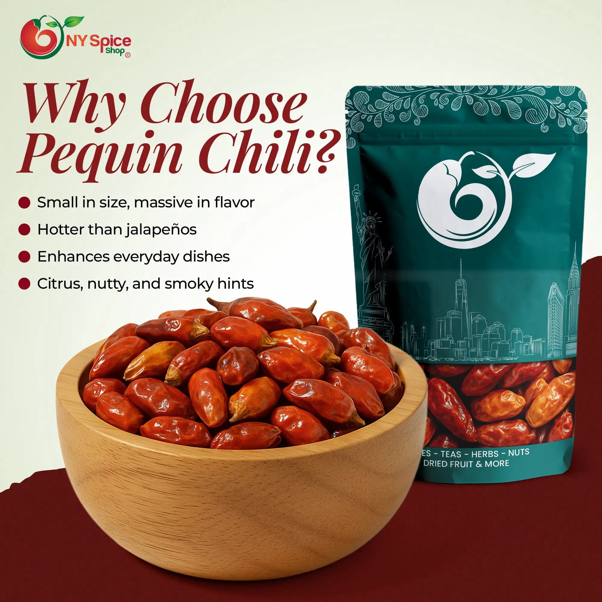 NY SPICE SHOP Whole Dried Pequin Chili Pepper - 08 Ounce - Chile Pequin - Whole Pequin Chiles - Mexican Bird Peppers - Dried Peppers for Cooking, Blending, and Seasoning