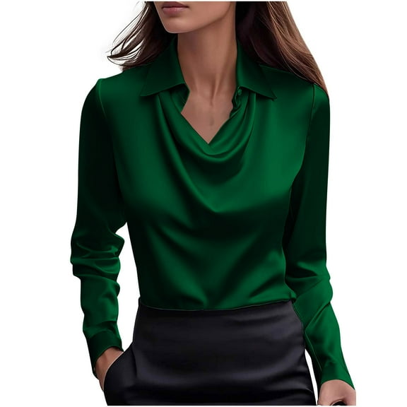Stamzod Womens Tops Dressy Casual Solid Color Long Sleeve Work Shirts Spring Summer Cowl Neck Satin Blouses for Women Green D L