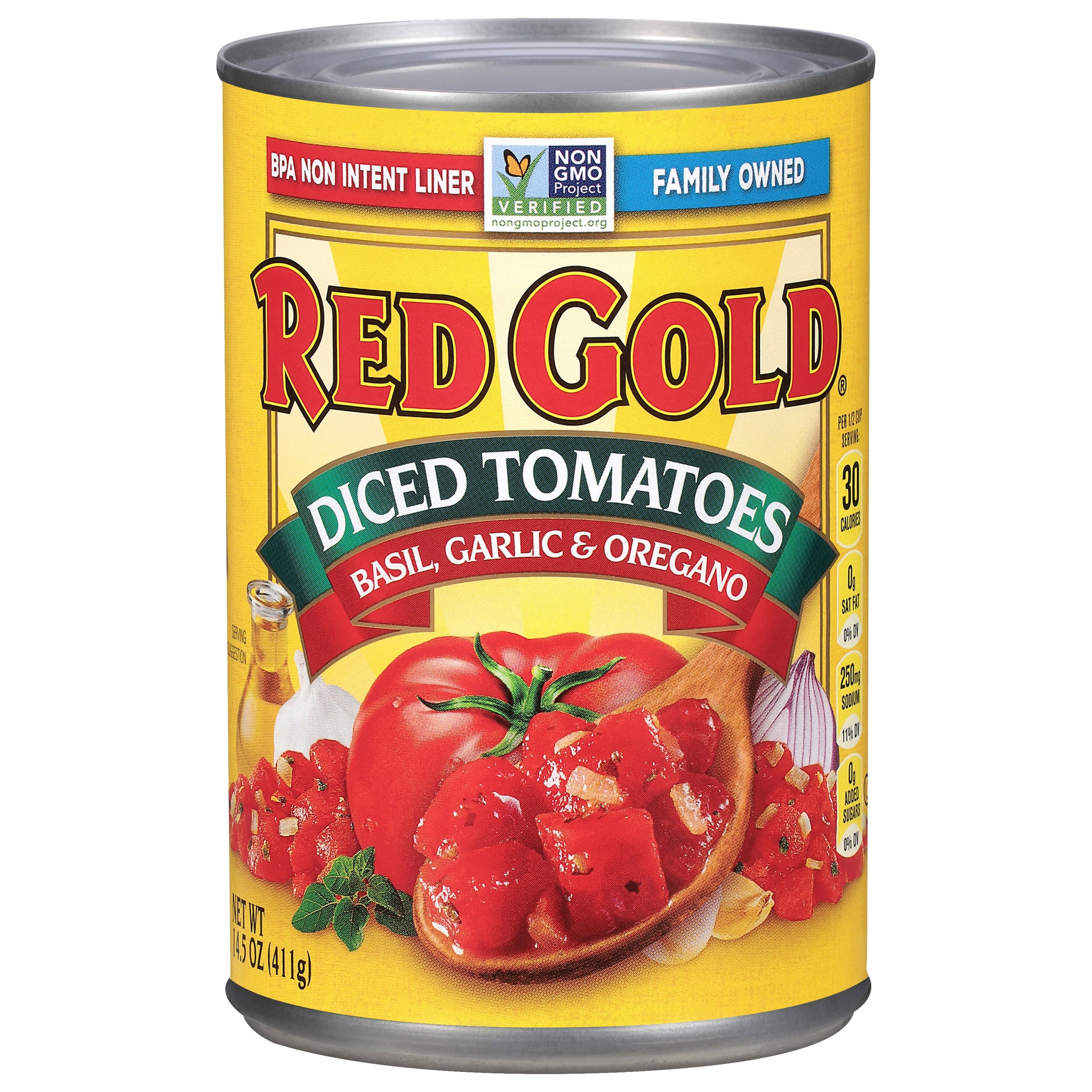 (12 pack) Red Gold Diced Tomatoes with Basil, Garlic and Oregano, 14.5 oz Can