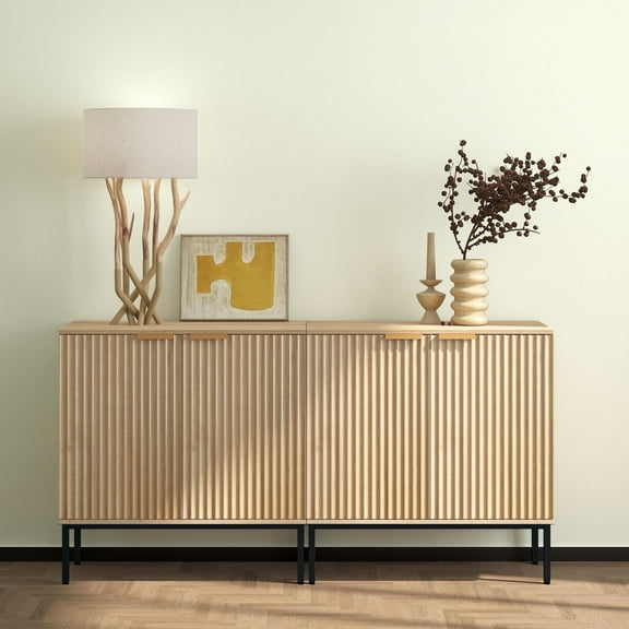 NEWADARA Set of 2 Fluted Sideboard Cabinet, Buffet Cabinet with Storage, Wooden Cabinet with Doors and Shelves, Accent Console Cabinet for Living Dining Room, Entryway, Natural Oak
