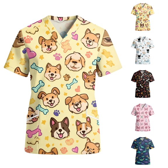 Womens Scrub Tops Cartoon V Neck Short Sleeve Medical Uniform Nurse Stretch Medical Scrubs with Pockets, XL