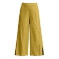 thumbnail image 4 of VEKDONE Women's Cotton Wide Leg Pants Side Button Split Loose Fit Long Pants Casual Vacation Beach Trousers with Pockets Yellow XXXL, 4 of 6