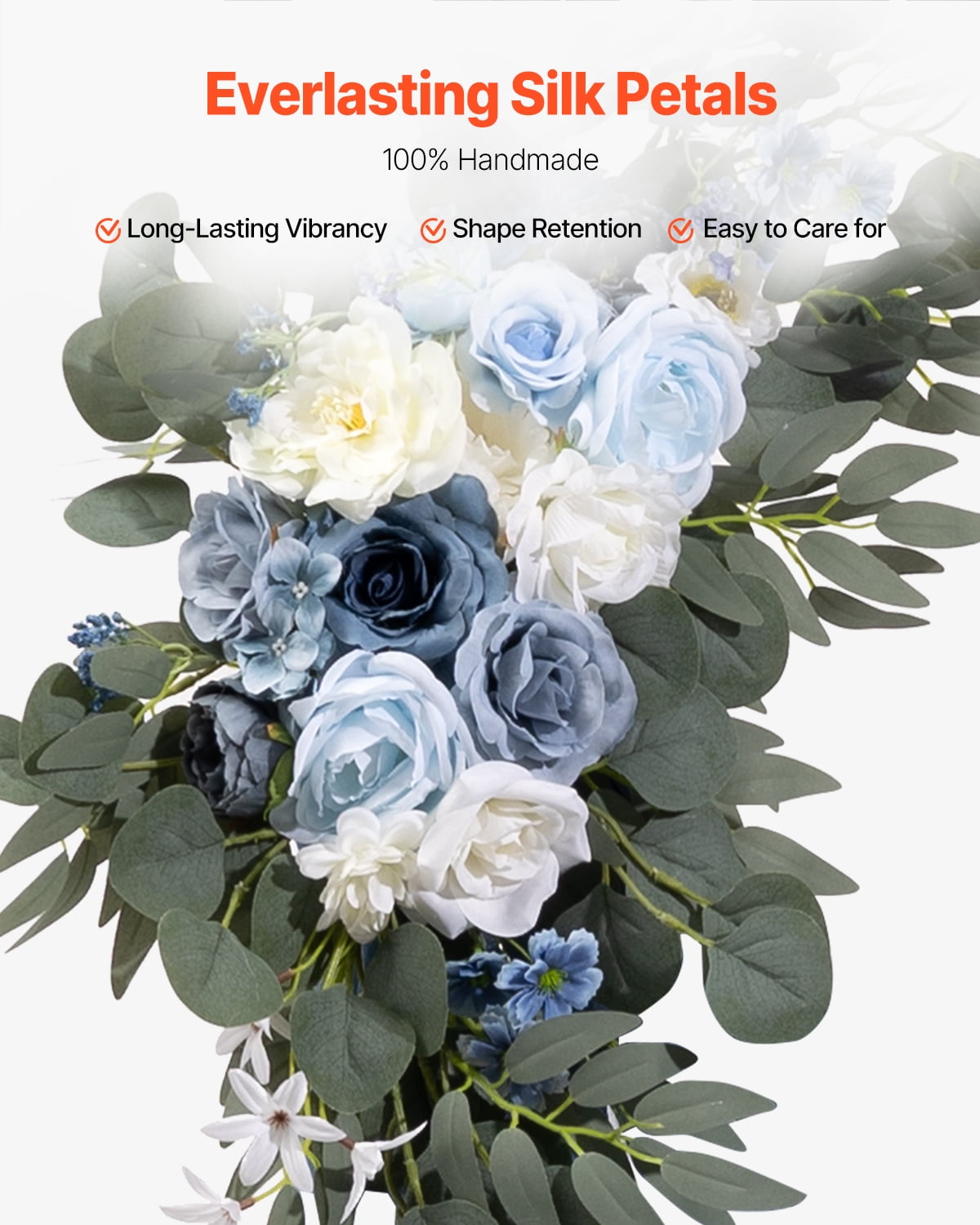 VEVOR Artificial Wedding Arch Flowers Kit, Blue Wedding Arch Flowers with Drapes Kit (Pack of 4) - 2 Pcs Floral Arrangement, 2 Pcs Sheer Drapes, for Ceremony Bouquets Reception Backdrop Decoration