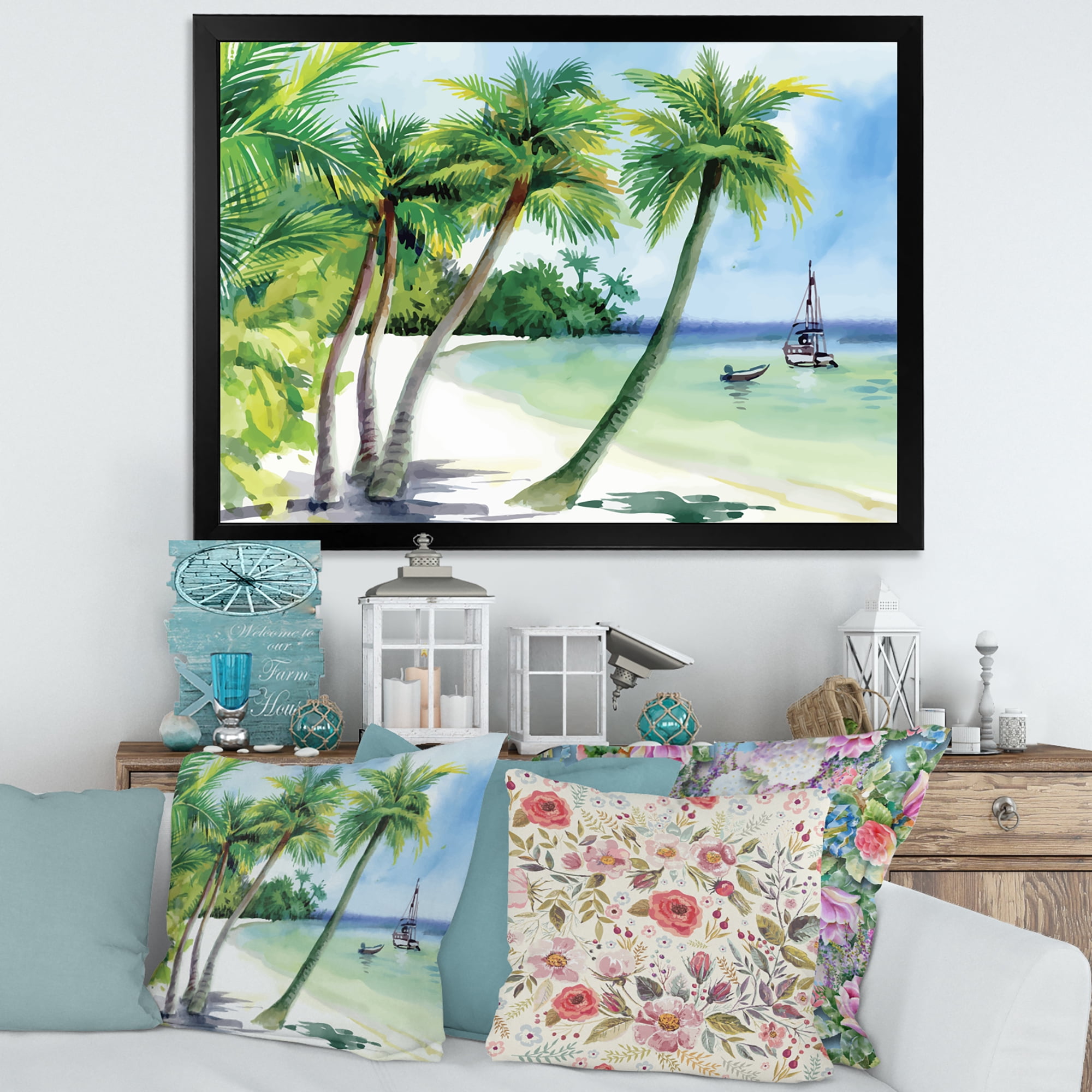 Designart 'Palm Trees With Summer Beach' Nautical & Coastal Framed Art Print