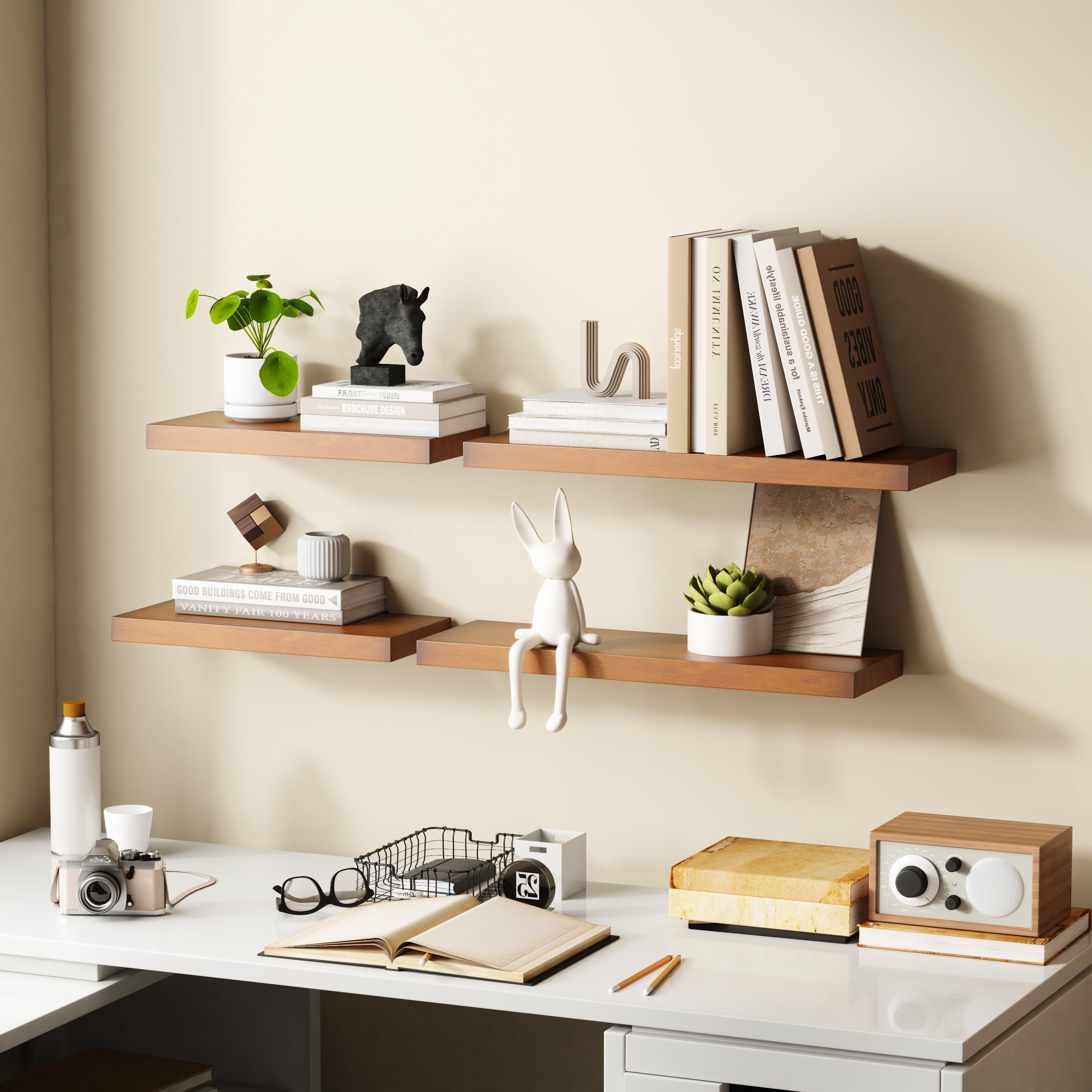 16.5 in Solid Wood Floating Shelves Wall Mounted Shelves, Honey Brown Color, Set of 2