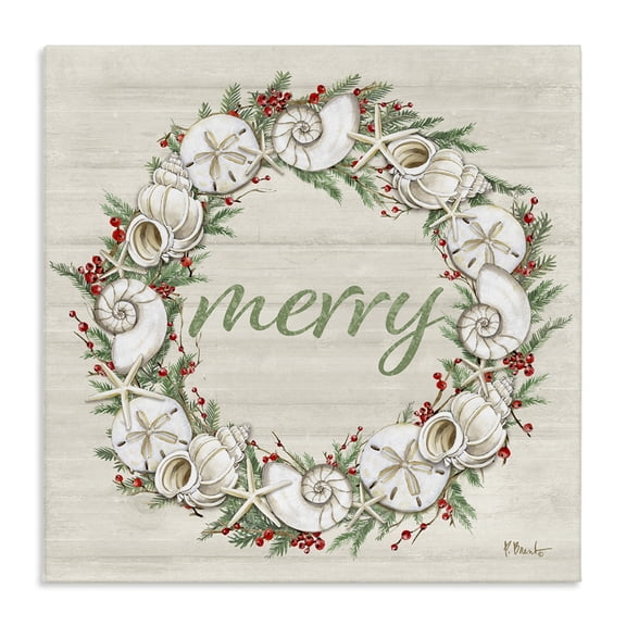 Stupell Industries Shells & Festive Holly Holiday Painting Wrapped Canvas Art Print Wall Art, 17 x 17
